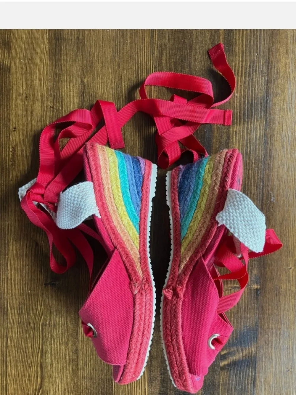 Red Ankle-Tie Wedge Sandals with Rainbow Espadrille